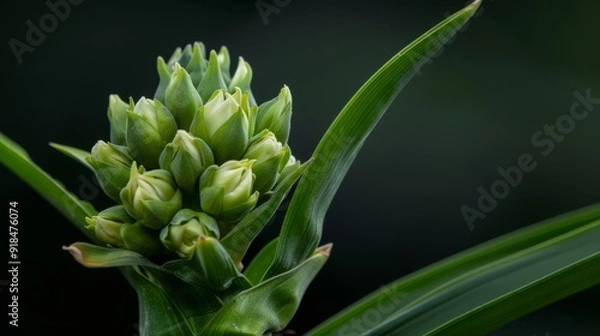 Fototapeta  A tight shot of a flower bud on a plant, featuring a green stem adorned with leaves in the near vicinity