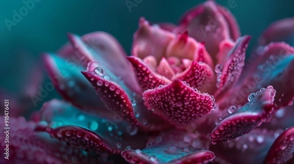 Obraz  A close-up of a pink flower with dew drops on its petals and the center gleaming wet