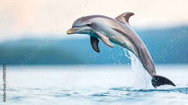 Fototapeta A dolphin leaps out of the water, its tail flapping behind it. The scene is serene and peaceful, with the dolphin soaring through the air and the water below.
