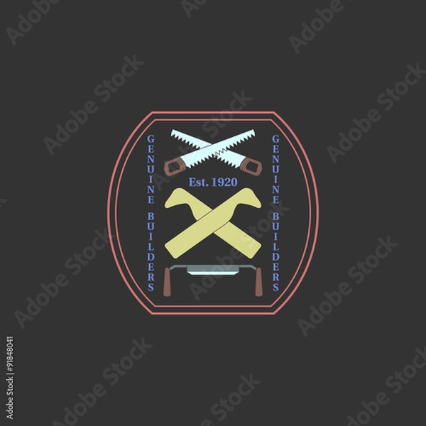 Fototapeta Logotype for construction and carpentry industries. Design elements, objects and tools. Logo for natural log home builders and wood craftsmen. Vector illustration. 
