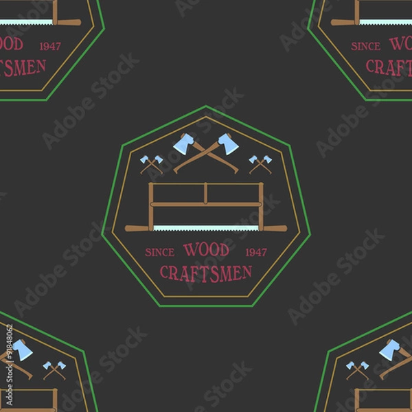 Fototapeta Logotype for construction and carpentry industries. Design elements, objects and tools. Logo for natural log home builders and wood craftsmen. Vector illustration seamless pattern and wallpaper. 