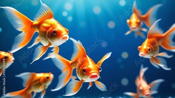 Fototapeta Vibrant goldfish swimming gracefully in a blue, bokeh-filled background, highlighting the beauty and tranquility of aquatic life. The colorful scene captures the essence of underwater serenity. 