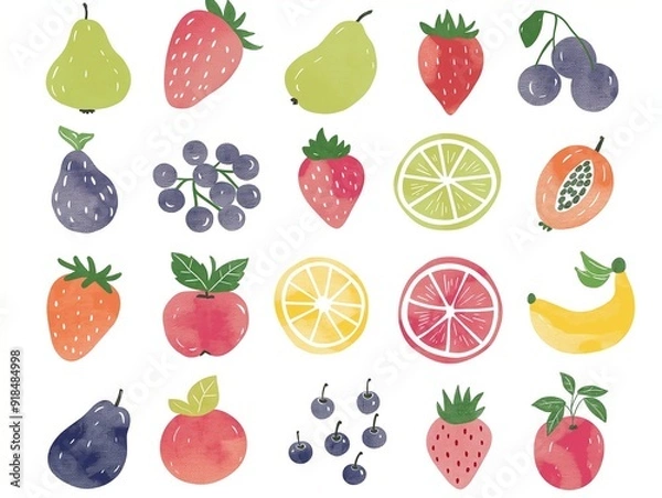 Fototapeta Set of various fruits simple illustration. AI generated
