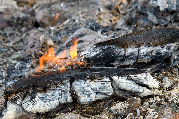 Obraz A small beach file still burns during the day. The fire is left from the night before. Only a small part of the log burns.