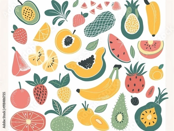 Fototapeta Set of various fruits simple illustration. AI generated