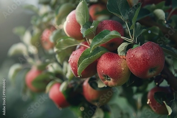 Fototapeta Ripe red apples hanging on branches