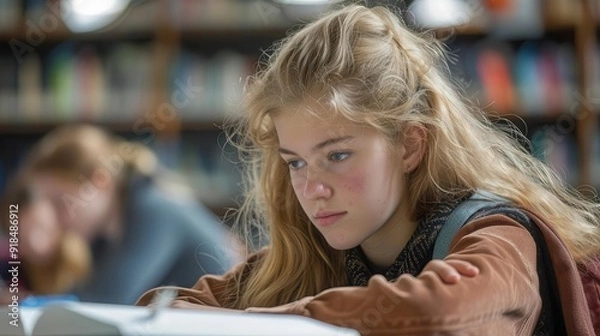 Fototapeta Young girl engaging in academic tasks at a prestigious academy