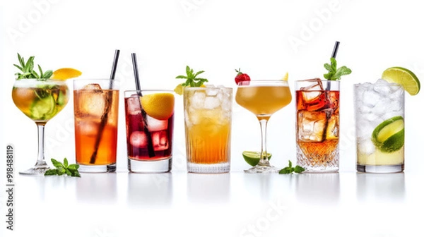 Fototapeta Assorted alcohol and mocktail cocktails, displayed in a variety of types and isolated on a white background with cutout images.