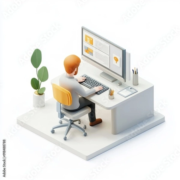 Fototapeta 3D rendering of a person working on a computer at a modern desk with a clean design and indoor plants