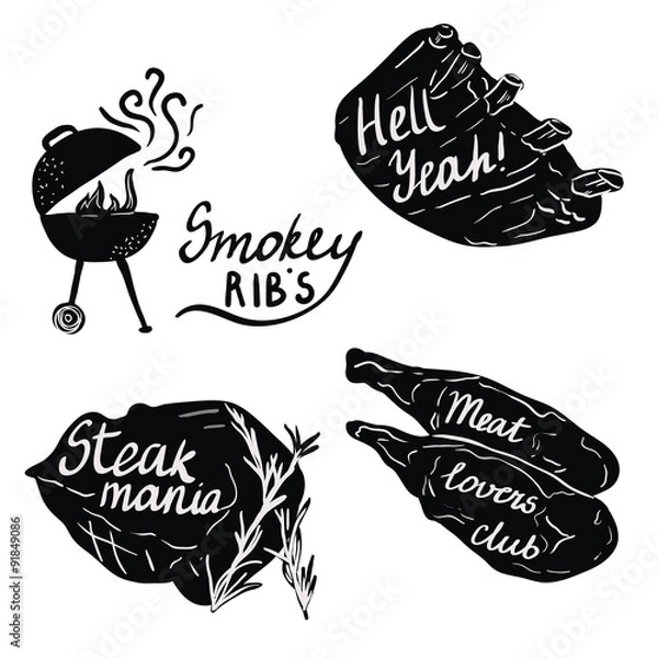 Obraz Lettering on meat and ribs for bbq party or grill restaurant. Black and white illustrations.