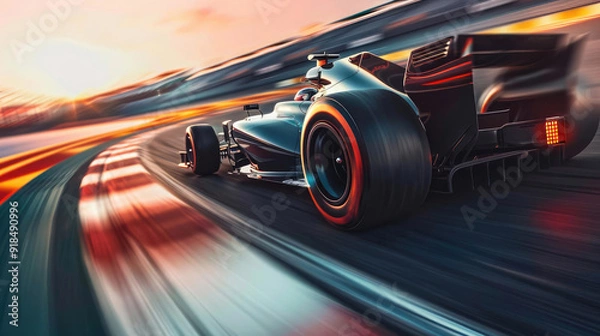 Fototapeta A lowangle shot of a racing car with a motionblurred track, capturing the intensity and speed