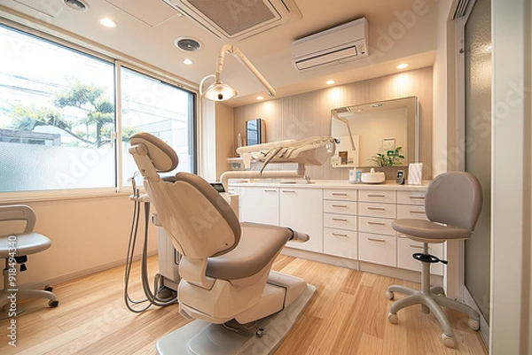 Fototapeta Modern interior of a dentist's office in white and beige 
shade with chair, table, dental instruments