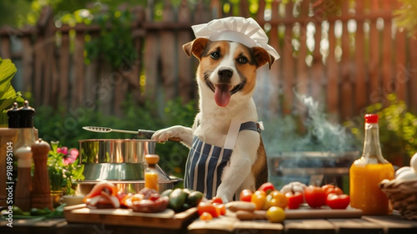 Fototapeta A dog wearing a chef's hat and an apron preparing a grill On the counter are vegetables such as tomatoes and peppers. Cooking outdoors on summer vacation.