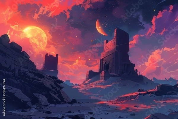 Fototapeta Ancient ruins under a binary sunset in a surreal landscape