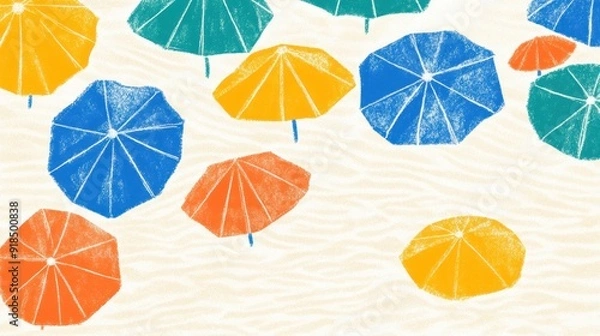 Fototapeta Colorful Beach Umbrellas Over Sandy Shore in Summertime Abstract Aerial View