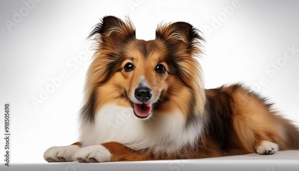 Fototapeta Smiling Shetland Sheepdog Lying Down on Transparent Background, Perfect for Pet Care Advertising
