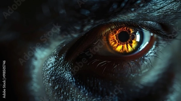Fototapeta Close-up of a man eye with orange pupil. Man's eye with fire, flame. A man possessed. AI generated.