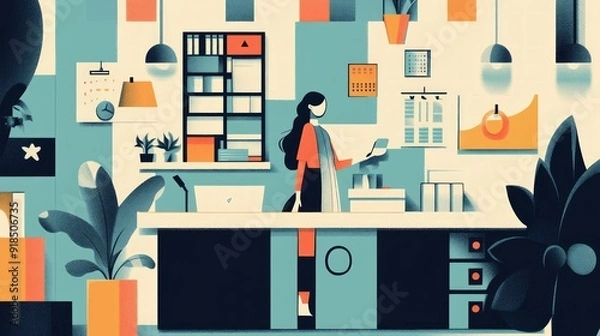 Fototapeta Stylized illustration of a modern office workspace with a woman using a smartphone