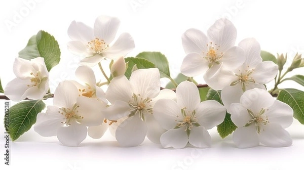 Obraz A cluster of delicate white jasmine flowers rests gently on green leaves, exuding elegance and simplicity.