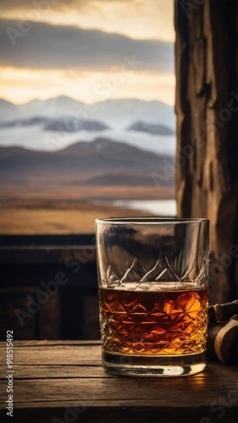 Fototapeta Scotch whisky on a wooden table, with a view of the Scottish Highlands and a cozy fireplace.