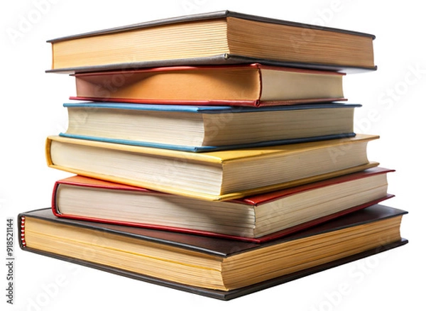 Fototapeta Stack of colorful hardcover books in a vertical pile isolated on transparent background