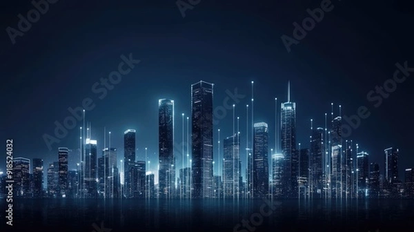 Fototapeta A dark blue skyline illuminated by glowing neon lights reflects on the water, highlighting digital connection lines in a smart urban environment