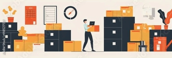 Fototapeta A businessman carrying a box in an office setting, surrounded by boxes and filing cabinets, symbolizing work, organization, moving, storage, and efficiency.