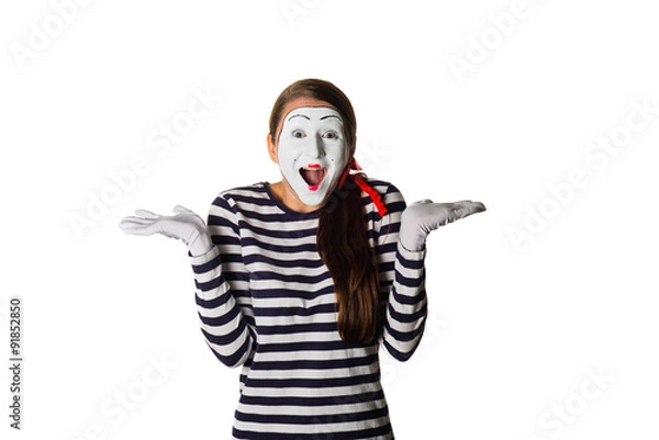 Obraz Girl model with mime make-up on a white background surprised. isolated