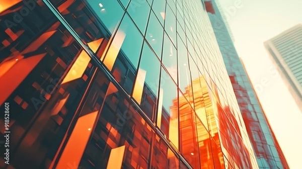 Obraz A vibrant reflection of modern architecture showcasing sleek, glass facades illuminated by warm sunset tones.