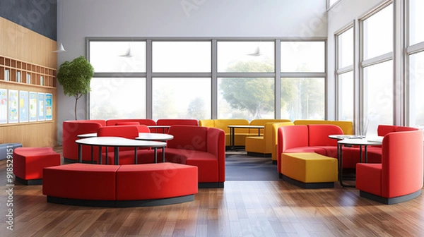 Fototapeta Classroom Seating Pods: Innovative pod seating arrangements to foster group work, classroom, with copy space