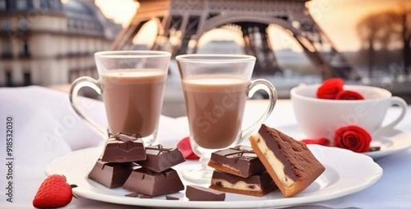 Fototapeta Romantic breakfast with hot chocolate and chocolate pastry overlooking eiffel tower