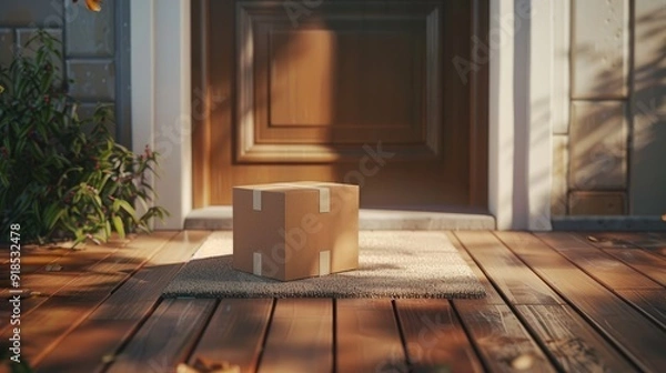 Obraz Delivered parcel or box on door mat near entrance. Delivered outside the door, e-commerce purchase on welcome mat.