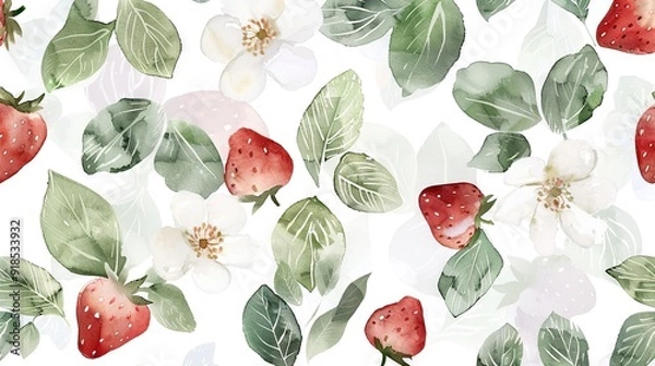 Fototapeta  Close-up of strawberries and flowers on white background with green foliage and white blooms