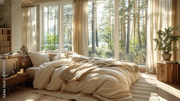 Fototapeta Sunlit bedroom with forest view - generative ai