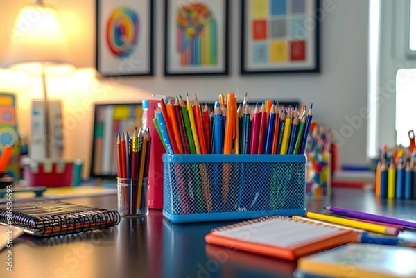 Fototapeta Colorful assortment of stationery in a creative workspace setting.