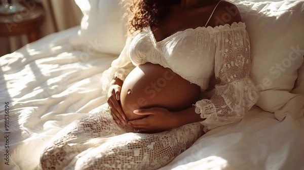 Fototapeta pregnant belly on white bed