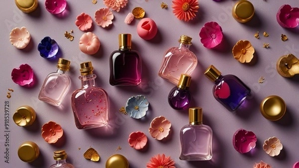 Obraz Flat lay style image featuring an assortment of small glass dropper bottles and colorful heart and flower-shaped objects. 