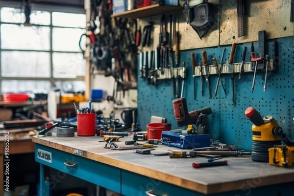 Fototapeta The workshop features a variety of tools and equipment neatly arranged on a blue workbench, illuminated by natural light from nearby windows