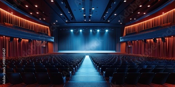 Obraz Panoramic symmetrical view, dark elegant conference hall with large stage for performance, floodlights, empty large room. Generative AI.