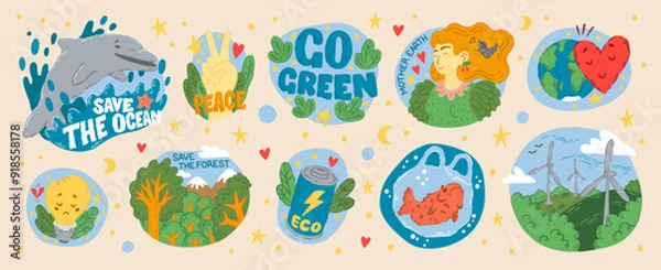 Fototapeta Green energy. Recycle stickers Nature save life. Green Earth. Eco environmental conversation concept for bio world planet technology. Take care of ocean water. Vector cartoon patches set