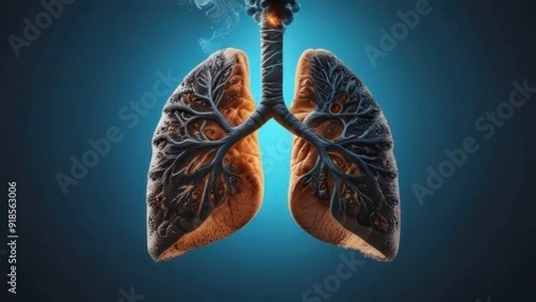 Fototapeta A cigarette in a smoker's lungs causes deterioration of health and death, the lungs are affected by disease, harm from smoking cigarettes, lung diseases