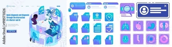 Fototapeta AI Landing page Isometric. Quick diagnosis and diagnosis through the interaction of a Doctor and Artificial Intelligence. Page Projects of the medical website and set icons