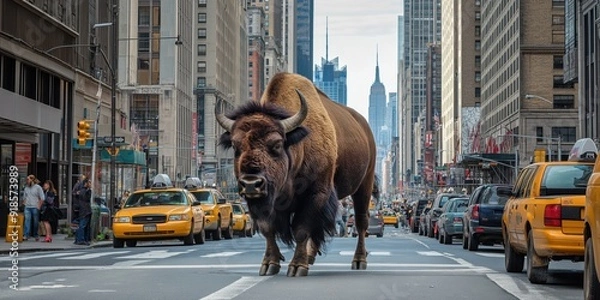 Fototapeta A photo of a bison exploring the city in New York. Demonstrating concepts including urban wildlife, habitat loss, urbanisation, adaptation, nature versus civilisation, wildness versus modernity.