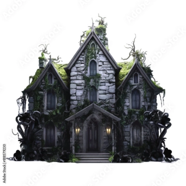 Fototapeta A spooky haunted house decorated with natural black color flowers isolated on white background vector illustration 