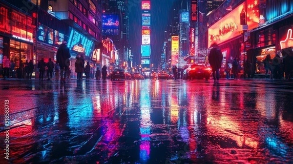 Fototapeta Times square at night in the rain - generative ai
