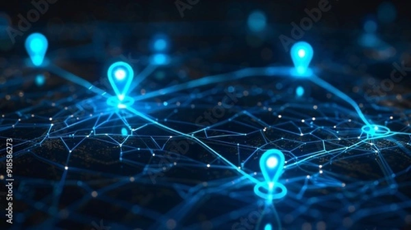 Fototapeta Digital GPS, neon map pin location.  Innovation navigation technology concept, network connection, information pointers