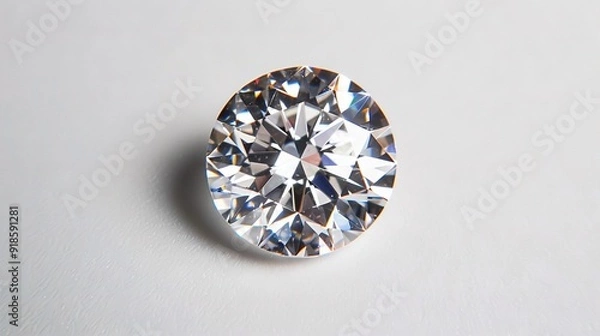 Fototapeta   A close-up of a diamond on a white surface with reflection on both sides