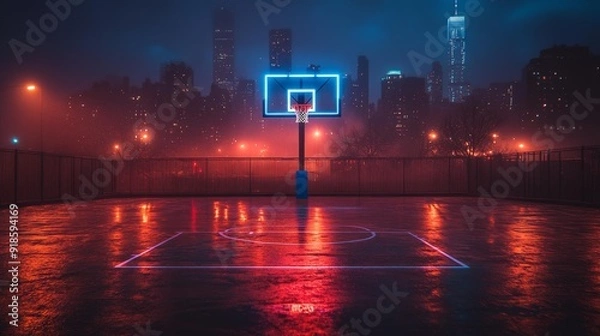 Obraz Neon-lit basketball court at night - generative ai