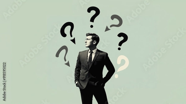 Fototapeta Minimalist retro collage of a black-and-white photograph of a man in a suit against a green background, surrounded by arrows and question marks. Concept of doubt and choice.