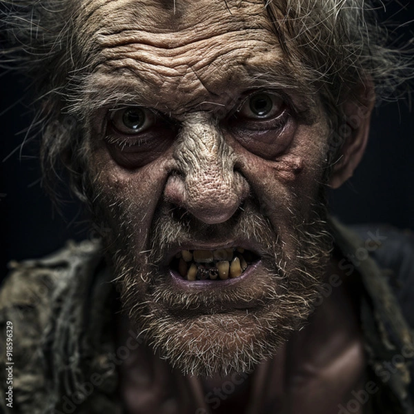 Fototapeta very poorly dressed man, extremely ugly, greasy face, unwashed hair, bad teeth 